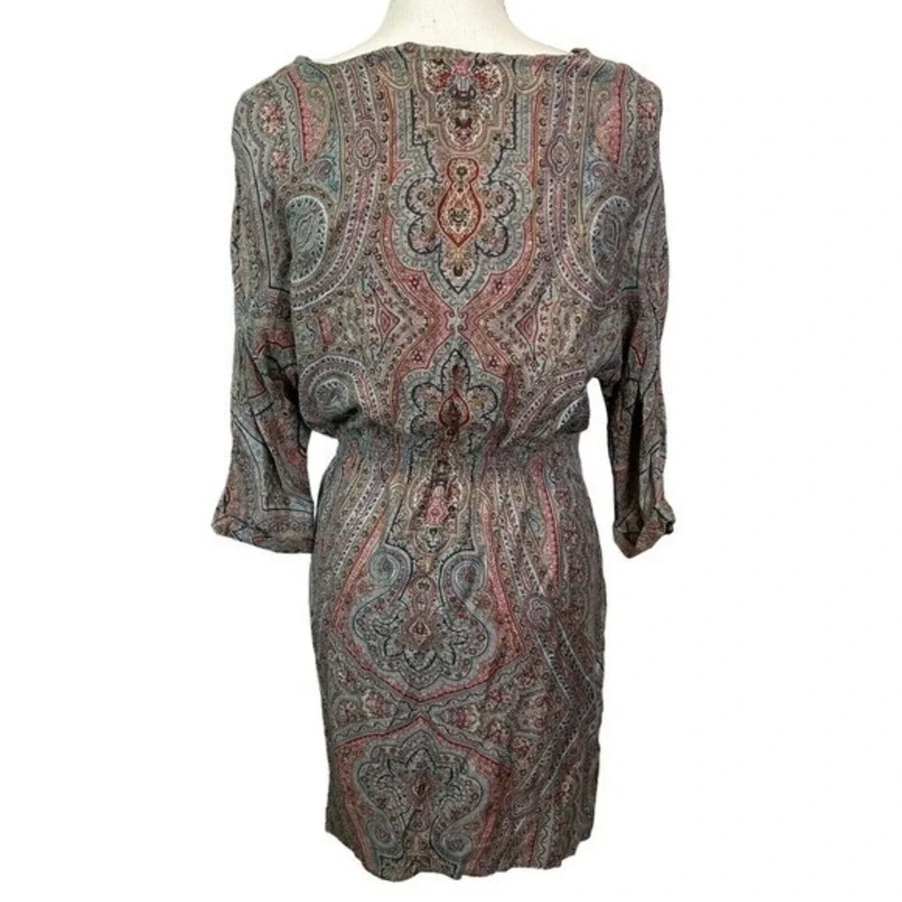 Zara Woman Medium Paisley Silk‎ Blend V-Neck Elastic Waist Boho Mini Dress M